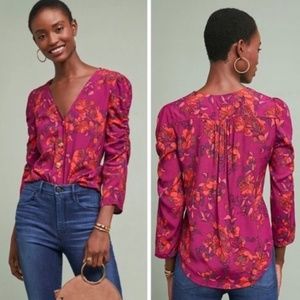Maeve Floral Print Jourdain Ruched Blouse Size Medium